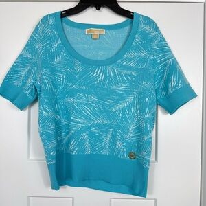 Michael Kors Scoop Neck Palm Print Turquoise Short Sleeve Sweater Medium